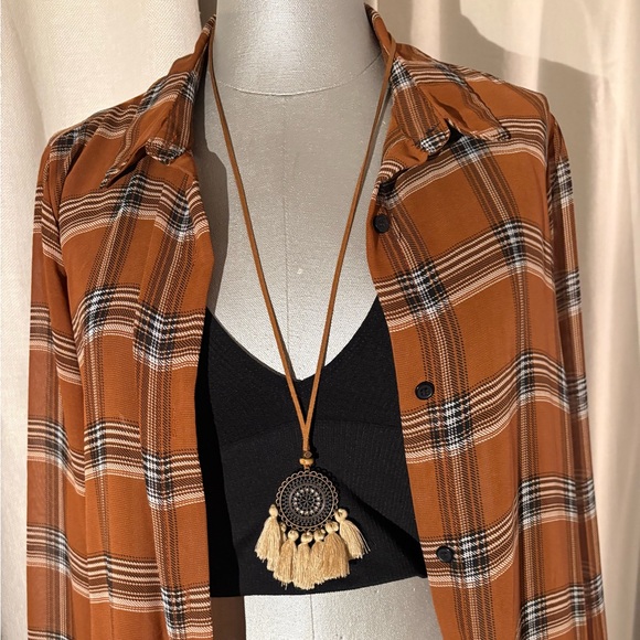 Forever 21 Plaid Sheer Longline Tunic Duster Shirt Cardigan Brown Boho Size M - Picture 3 of 9